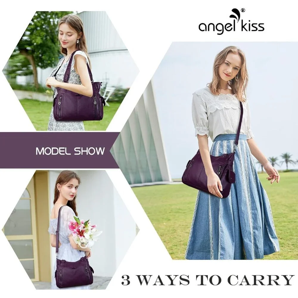〽️Women's Purple PU Leather Hobo Shoulder Bag with Top Handle and Zipper Pockets